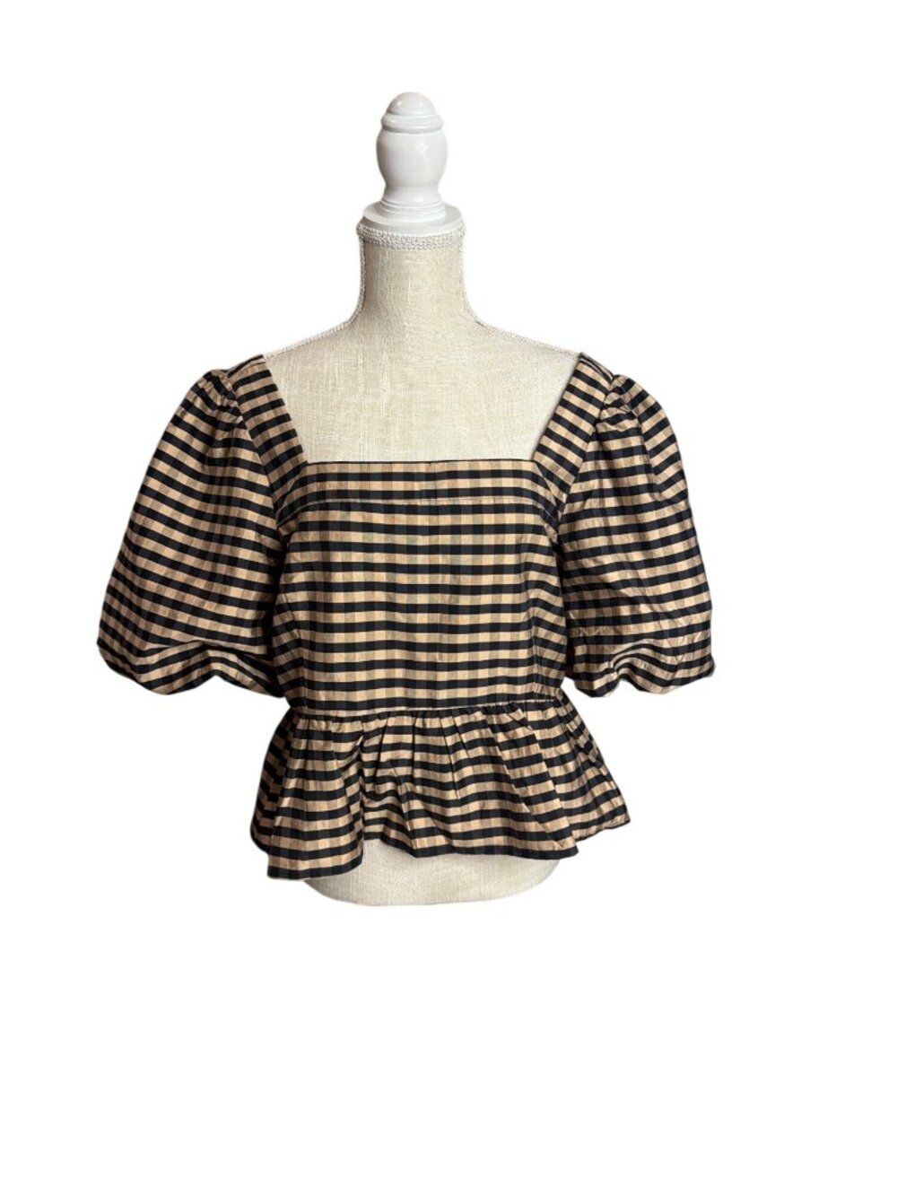 Marie Oliver Striped Peplum Blouse With Puff Sleeves - Size M - Check Pattern